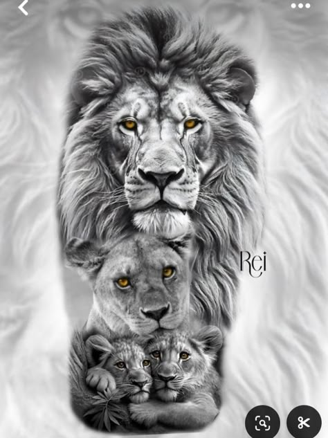 Lion Back Tattoo Design, Couples Lion Tattoo, Lion Family Tattoo, Family Tattoo Design, Lioness And Cub Tattoo, Family Sleeve Tattoo, Lion Cub Tattoo, Lion And Lioness Tattoo, Lion Forearm Tattoos