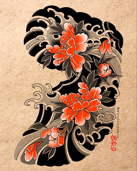 Concept design available for tattoo. Peonies color can be made with #tebori (traditional Japanese technique)or machine. You can find me Floripa @veranitattoosc and São Paulo @wabori.temple Japanese Traditional Peony Tattoo, Japanese Peony Tattoo Color, Peonies Reference, Japanese Peony Tattoo Design, Traditional Japanese Flower Tattoo, Neo Japanese Tattoo Designs, Peonies Tattoo Design, Tattoo Peonies, Japanese Peony Tattoo