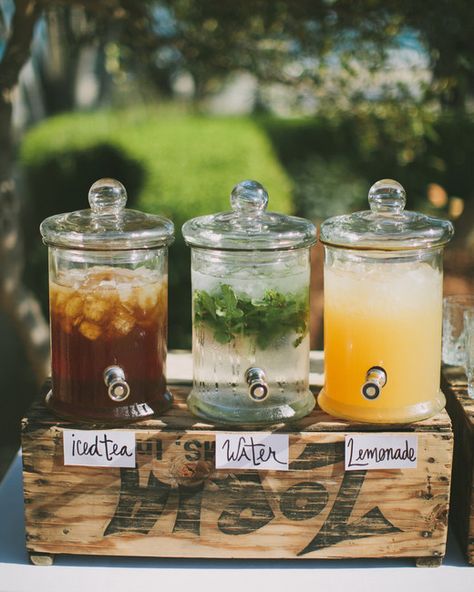 hydration stations non alcoholic water tea lemonade Wedding Reception Food Stations, Backyard Party Food, Lemon Wedding Invitations, Rustic Wedding Decorations, Deco Champetre, Donut Bar, Reception Food, Tropical Wedding Invitations, Wedding Reception Food