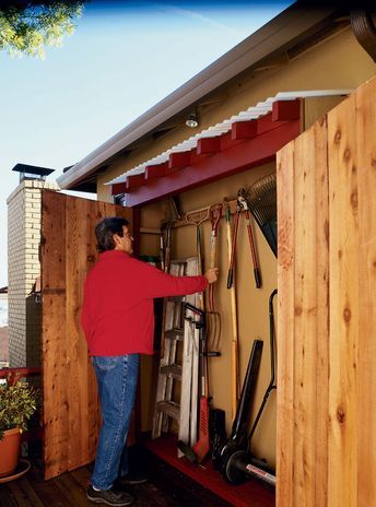 Under Eaves Storage, Eaves Storage, Space Garden, Shed Ideas, Shed Organization, Backyard Storage, Garden Tool Shed, Diy Shed Plans, Garden Tool Storage