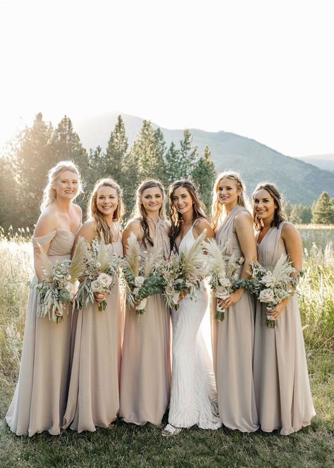 Palette Bridesmaid Dresses, Taupe Dresses, Taupe Bridesmaid, Taupe Wedding, Taupe Bridesmaid Dresses, White Raven, Missoula Montana, Convertible Bridesmaid Dress, Wedding Party Outfits