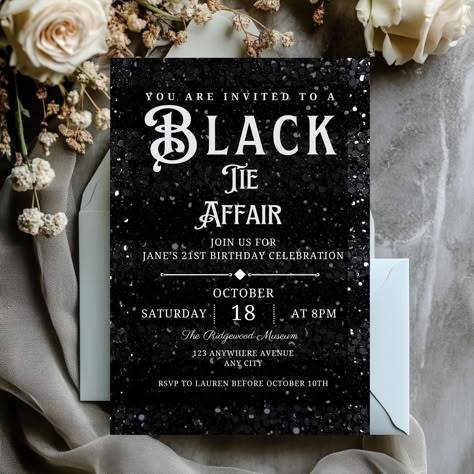 Editable Black Tie Affair Birthday Invitation, Instant Download, Black Sequin Glitter, Elegant Digital Design 21 Birthday,Template Printable by SimplyOrnateDesigns on Etsy