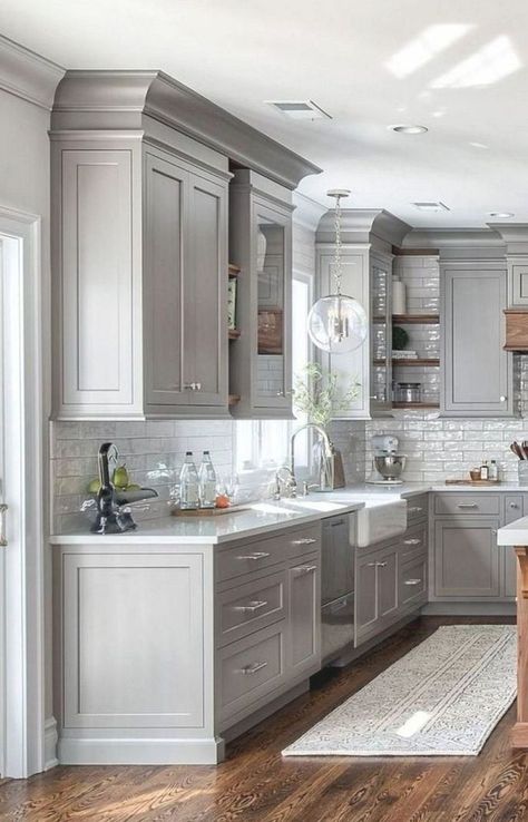 Kitchen Cabinets And Backsplash, Dapur Rustic, Modern Farmhouse Kitchen Cabinets, Model Dapur, Серая Кухня, Kabinet Dapur, Gray Cabinets, Farmhouse Kitchen Cabinets, Farmhouse Kitchen Design