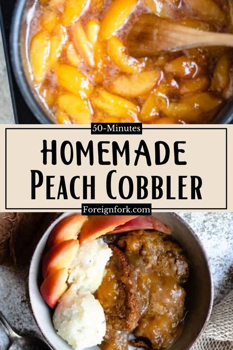 This Homemade Peach Cobbler is Heaven on Earth and a completely delicious summer dessert! Made with fresh peaches and carrying a snickerdoodle-type crust, this fruity dessert is best served warm with ice cream. Easy Southern Peach Cobbler Recipe, Easy Homemade Peach Cobbler, Homemade Peach Cobbler Recipe, Southern Peach Cobbler Recipe, Old Fashioned Peach Cobbler, Homemade Peach Cobbler, Cobbler Recipes Easy, Southern Peach Cobbler, Easy Peach Cobbler Recipe