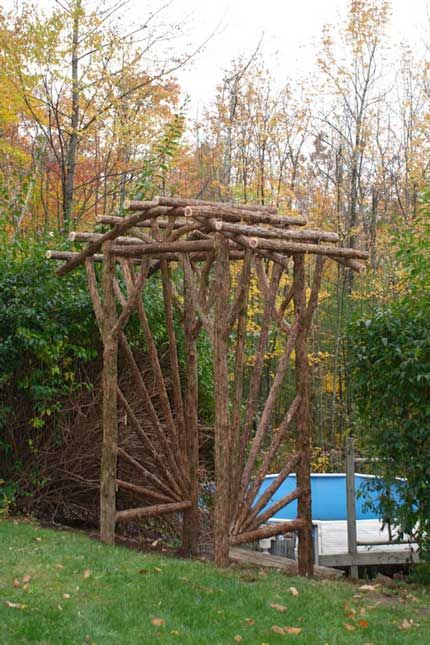 Sunburst Arbor Log Arbor, Rustic Arbor, Garden Archway, Rustic Pergola, Wooden Arbor, Twig Furniture, Arbors Trellis, Garden Arbor, Garden Arches