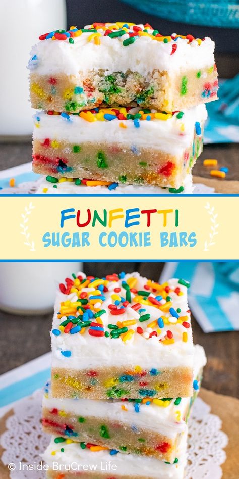 Funfetti Sugar Cookie Bars - sprinkles and vanilla buttercream frosting make these sugar cookie bars a fun treat to make for dessert. Bake and frost this easy recipe in one pan. Easy Cookie Bars, Sugar Cookie Bar Recipe, Cookie Bars Easy, Sugar Cookie Bars, Oreo Dessert, Cookie Bar Recipes, Yummy Sweets, Easy Cookies, Eat Dessert