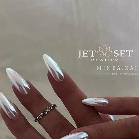 Nails By Minea Bergström on Instagram: "Chrome nails never die 🫧🤍💍 ————————————————————————— Products used:   • JetSet Glass Chrome Pigment • Glamour Cover Gel Milky White • Crystal Shine Top Coat  Products from @jet_set_beauty_nails 💅🏼 ————————————————————————— #chromenails #glassnails #milkynails #milkywhitenails #mirrornails #classynails #almondnails #simplenails  —————————————————————————  #rakennekynnet #geelikynnet #gelnails #gelenaglar #nailsofinstagram #nailsoftheday #nailinspiration  #rakennekynnetjoensuu #geelikynnetjoensuu" Nails White Shine, Glass Nails Acrylic, White Milky Chrome Nails, Milky Nail Ideas, White Milky Nails Acrylic, White Crystal Nails, White Shine Nails, Glass Chrome Nails, Milky White Nails With Chrome