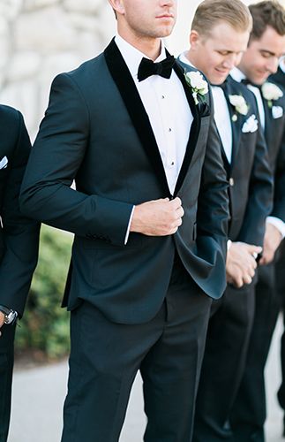 Luxe Black & White Wedding with Sparkly Details - Inspired By This Tux Groomsmen, Wedding Groomsmen Attire, Groom Tux, Groom Fashion, Wedding Dress Suit, Wedding Tux, Groom Bowtie, Mens Wedding Attire, Groom Wedding Attire