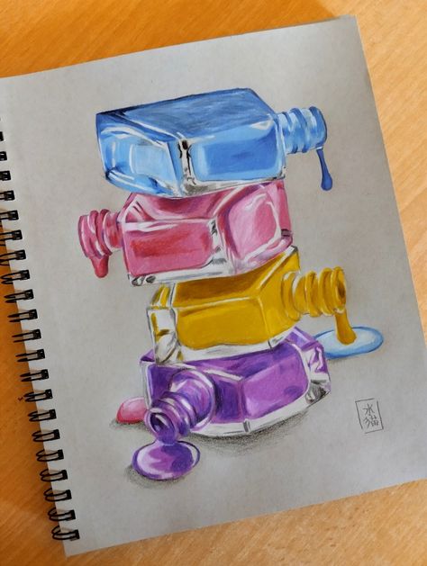 Handmaded Realistic Drawing about nail polish with colour pencils One Colour Drawing Challenge, Object Drawing Colour, Nail Polish Drawing, Spill Art, Pencil Colour Painting, Prismacolor Drawing, Shading Drawing, Color Pencil Sketch, Bottle Drawing