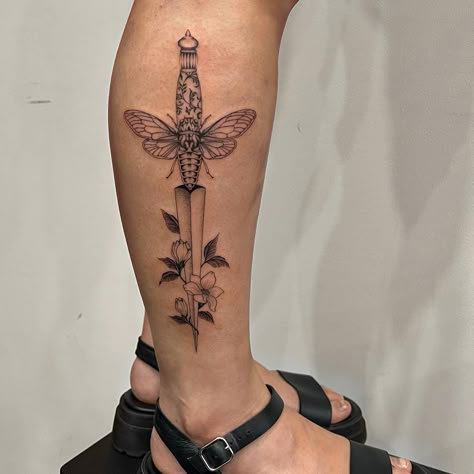 Dagger Sternum Tattoo, Dager Tattoos, Dagger Tattoo Women, Dagger Tattoo Ideas, Dagger Tattoos, Dagger Thigh Tattoo, Butterfly Dagger Tattoo, Dagger Leg Tattoo, Moth Dagger Tattoo