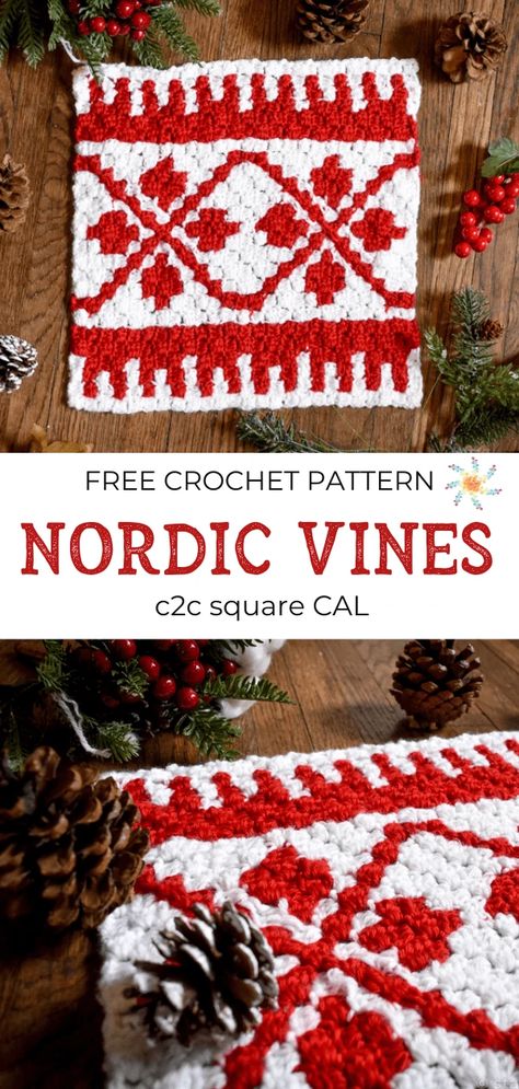 Nordic Vines C2C Afghan Square | Square 4 of 12 in the Nordic Winter Afghan Crochet Along - Stardust Gold Crochet Swedish Crochet Patterns, Christmas Granny Squares Crochet, Scandinavian Crochet Patterns, Nordic Crochet Patterns, C2c Graphgan Charts Free, Crochet Scandinavian, Nordic Crochet, C2c Afghan, C2c Patterns