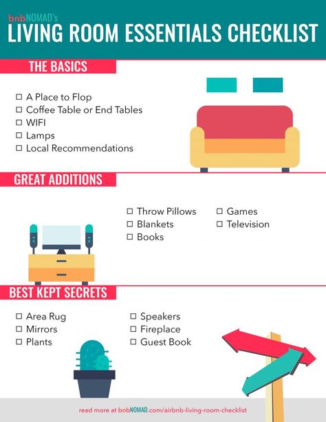 The Airbnb Host's Living Room Essentials Checklist – bnbNomad Room Essentials List, Living Room Checklist, Deep Clean Bathroom, Airbnb Hosting, New Home Essentials, Room Checklist, Rental Ideas, New Home Checklist, Essentials Checklist