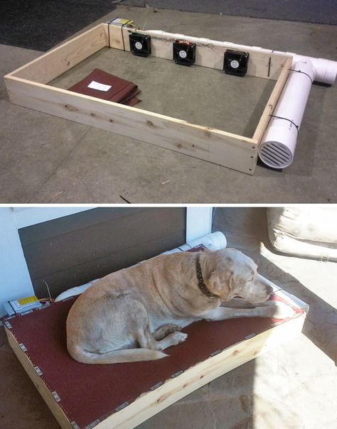 Air Condition Dog House, Doghouse Outdoor, Air Conditioned Dog House, Outside Dog Bed, Diy Dog Run, Dog Nook, Raised Dog Beds, Pet Crafts, French Dog