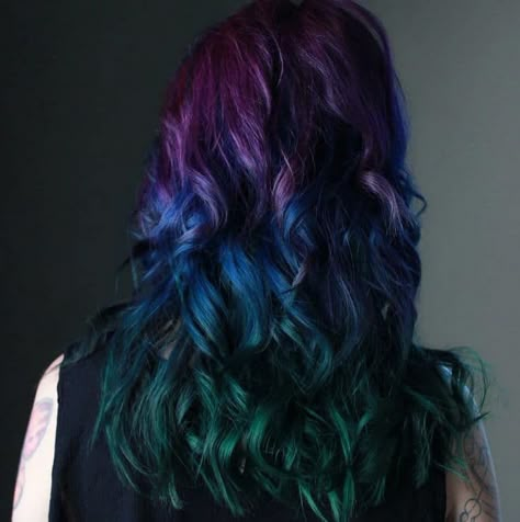 Peacock Color Hair, Peacock Colored Hair, Blue Phoenix Hair, Black Green And Blue Hair, Peacock Hair Color Peekaboo, Dark Mermaid Hair, Peacock Ombre Hair, Purple And Green Hair Ideas, Peacock Hair Color Ombre