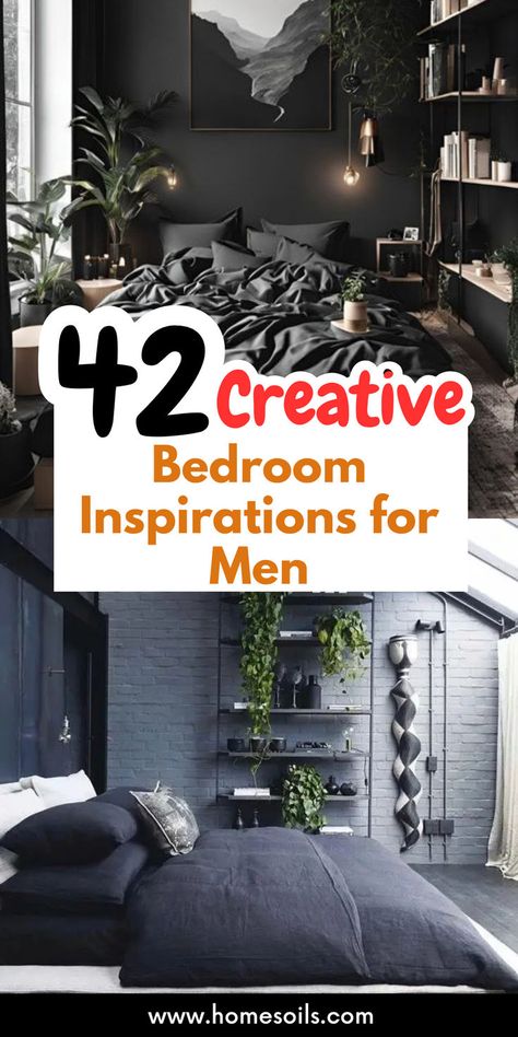 Elevate your space with 42 creative bedroom inspirations for men that blend style, comfort, and functionality. Discover these modern design ideas on our website. Mens Bedroom With Plants, Themed Bedrooms For Adults, Men’s One Bedroom Apartment, Ideas Cuarto Hombre, Men Bedroom, Modern Men’s Bedroom, Men Bedroom Ideas, Living Room Masculine, Men Bedroom Decor Ideas