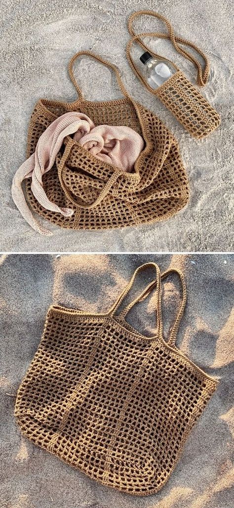 Beach Crochet Bag Free Pattern, Crochet Summer Essentials, Summer Bag Crochet Patterns, Crochet Beach Projects, Mesh Crochet Bag Pattern Free, Mesh Bag Crochet Pattern Free, Crochet Pool Bag, Crochet Summer Bag Pattern, Easy Crochet Beach Bag Free Pattern