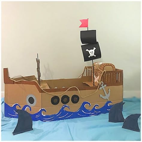 Pirate Ship Craft For Kids, Diy Pirate Ship Cardboard, Cardboard Pirate Ship Diy, Boat Craft Kids, Cardboard Box Boats, Ship Cardboard, Pirate Ships Diy, Diy Pirate Ship, Cardboard Boats