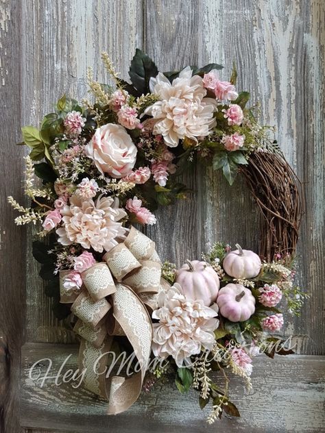 Shabby Chic Pink Fall Wreath Fall Door Wreath, Easy Fall Wreaths, Shabby Chic Wreath, Fall Thanksgiving Wreaths, Wreath For Door, Pink Fall, Door Wreaths Diy, Pink Pumpkin, Door Wreaths Fall