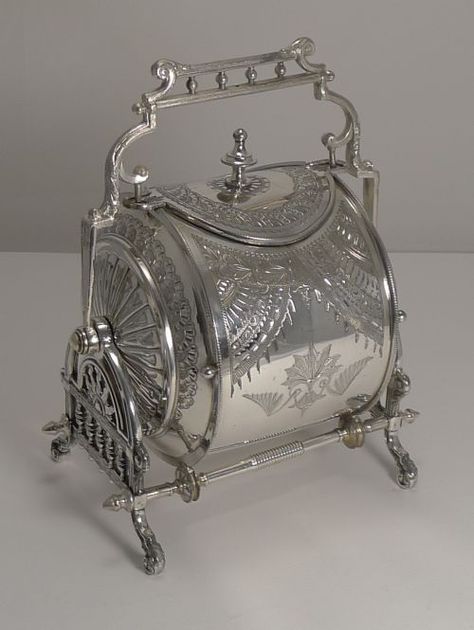 UNUSUAL SILVER PLATED ENGLISH BISCUIT BOX REGISTERED 8TH MAY 1882 Silver Plate Decor, Silver Things, Wrapping Inspiration, Biscuit Barrel, Silver Pooja Items, Gift Wrapping Inspiration, Gift Wrapping Ideas, Silver Decor, Silver Tea