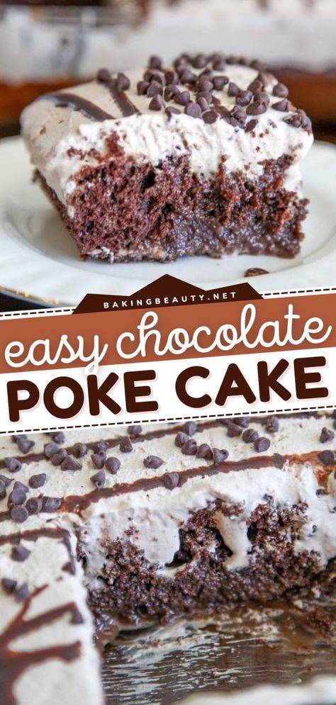 Chocolate Poke Cake, chocolate desserts, poke cake recipes, easy cake recipes Poke Cake Recipe, Chocolate Poke Cake, Decadent Chocolate Desserts, Easy Chocolate Desserts, Chocolate Whipped Cream, Poke Cake Recipes, Rich Chocolate Cake, Poke Cakes, Chocolate Cakes