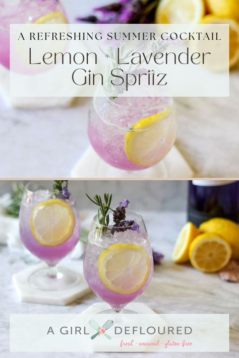 Lemon Lavender Gin Spritz Lemon Lavender Gin Spritz, Lemon Lavender Cocktail, Speak Now Cocktail, Drinks With Lavender Syrup, Lavender Syrup Cocktails, Lavender Cocktail Recipe, Lavender Lemonade Cocktail, Summer Spritz, Lavender Drink