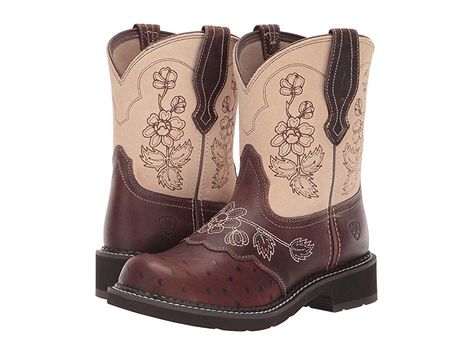 Ariat Fatbaby Heritage Viola (Copper Ostrich Print/Sand) Cowboy Boots. Get the perfect combination of fashion and performance with the Ariat Fatbaby Heritage Viola boot! Leather performance boot is approved for riding. Boot made of leather foot and suede shaft. Pull-on boot design with sturdy side pull loops. Features a beautiful floral stitching on shaft. Single-stitched welt construction. Breathable textile lining. Features  #Ariat #Shoes #Boot #Western #Brown Ariat Fatbaby Boots Outfit, Ariat American Flag Boots, Ariat Fatbaby Womens, Brown Ariat Booties, Ariat Fatbaby, Ariat Toddler Shoes, Womens Ariat, Floral Stitching, Shoes Boot