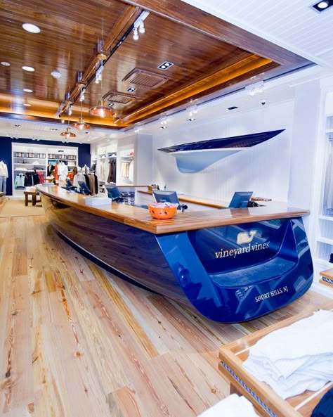 Repurposed Boat, Nautical Bar, Boat Bar, Cash Wrap, Boat Projects, Reception Desks, Old Boats, Counter Design, Reception Design