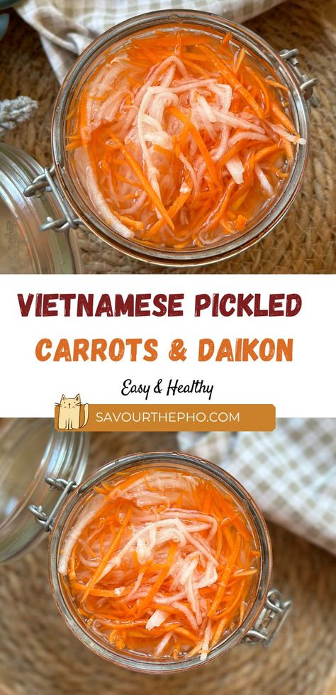 Do chua are crunchy, colorful Vietnamese pickled carrots and daikon that are often served with various popular Vietnamese dishes like Banh Mi, Bun Cha Gio, Banh Xeo, and more. This Vietnamese recipe is very easy to make, taking only 15 minutes, and you can prepare a large batch to keep in the fridge for up to one month. Pickled Carrots And Daikon, Chicken Banh Mi, Pickled Carrot, Bbq Pulled Chicken, Vegetarian Spring Rolls, Vietnamese Dishes, Rice Noodle Salad, Daikon Radish, Banh Xeo