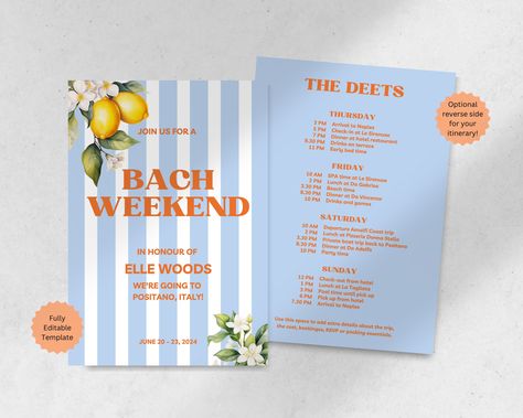 Italian Coastal Bachelorette Invitation | Birthday | Weekend Itinerary | Hens Party | Blue Lemons Canva | Amalfi Miami Capri Mediterranean Bachelorette Party, Birthday Weekend Itinerary, Coastal Bachelorette, Beach Bach, Bachelorette Invitation, Hens Party, Weekend Itinerary, Retro Beach, Bachelorette Invitations