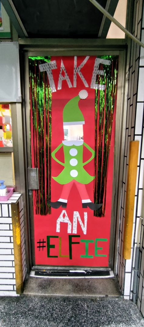 Christmas Classroom Door Decoration Best Christmas Classroom Doors, Christmas Office Door Decorations Ideas Elf, Elves Door Decoration, Take An Elfie Classroom Door, Christmas Themed Teacher Doors, Take An Elfie, Door Decorations Classroom Christmas, Christmas Classroom Door, Door Decorations Classroom