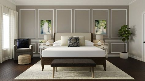 Before & After: Calming Transitional Bedroom Interior Design Bedroom Trim Ideas, Bedroom Trim, Large Master Suite, Transitional Bedroom Design, Trim Ideas, Big Bedrooms, Online Interior Design Services, Transitional Bedroom, Eclectic Bedroom