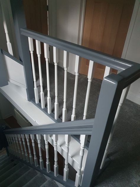 White And Grey Bannister, Grey Banisters And Railings, Grey White Staircase, Grey And White Painted Stairs, Staircase Grey And White, Grey And White Stairs And Landing, Gray And White Staircase, Coloured Banisters Stairways, White And Grey Staircase