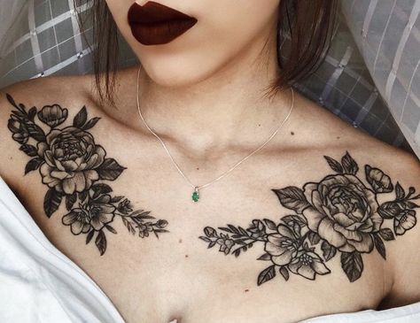 Womens Chest Cover Up Tattoo Ideas, Floral Tattoo Design Chest, Big Collar Bone Tattoo, Chest And Collar Bone Tattoos, Clavicle Tattoos For Women Ideas, Collarbone Tattoos For Women Flower, Dark Collar Bone Tattoo, Collar Bone Cover Up Tattoos For Women, Collar Bone Tattoo Goth