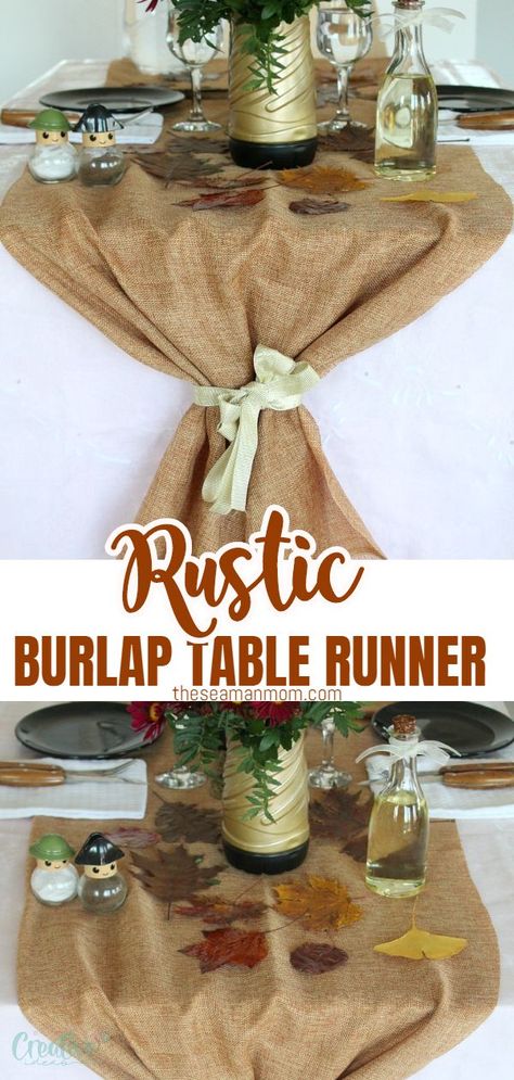 If you’re looking for an affordable burlap decor or a rustic table runner for the upcoming entertaining season, you might wanna consider making this burlap table runner! Thanksgiving table runners couldn’t get any easier, made from just burlap and ribbon! #easypeasycreativeideas #tablerunner #tablesetting #thanksgiving Rustic Table Runner Ideas, Burlap Round Table Runner, Burlap Table Runners Dining Room, Burlap Table Runner Fall Decor, Burlap Table Runner Thanksgiving, Table Runners Modern Burlap, Thanksgiving Table Runners, Burlap Table Runner Diy, Burlap Table Runner With Wood Centerpiece