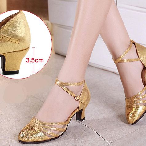 Women's Leatherette 3.5cm 5cm Heels Closed Toe Rubber Sole Ballroom Dance Shoes Modern Shoes Gold Heels Women Fashion, Gold Low Heels, Party Dance Shoes With 4-inch Heel, Closed Toe, Gold Closed Toe Heels, Gold Dance Shoes, Gold Closed-toe Wedding Shoes For Festive Occasion, Vintage Gold Closed Toe Heels, Gold Sandals With 4-inch Heel And Closed Toe, Gold Dress Shoes