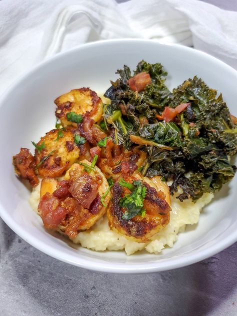 Shrimp Kale, Creamy Cheesy Grits, Bacon Kale, Sautéed Kale, Onions And Tomatoes, Cheesy Grits, Sauteed Kale, Sauteed Shrimp, Shrimp And Grits