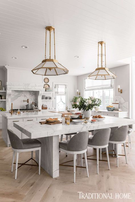 formal-white-kitchen-with-huge-table Rachel Parcell Kitchen, Custom Butcher Block, Double Island, Bronze Kitchen Faucet, Double Island Kitchen, Alice Lane, Natural Wood Flooring, Interior Decorating Tips, Rachel Parcell