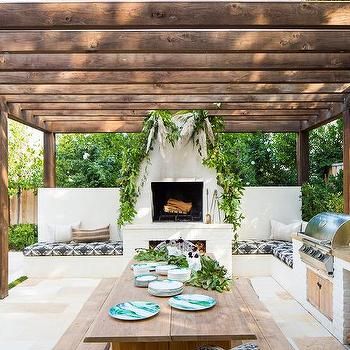 Dark Brown Stained Pergola with String Lights - Transitional - Deck/patio Stucco Facade, Iron Pergola, Contemporary Deck, White Pergola, Tall Fireplace, Patio Pictures, Home Exteriors, White Fireplace, Wooden Pergola