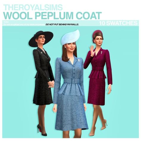 Clothes Cc Sims 4, Trophy Wife Outfit, Sims Royal, Sims Dresses, Peplum Coat, Wife Clothes, Cc Patreon, Clothes Cc, Royal Clothes