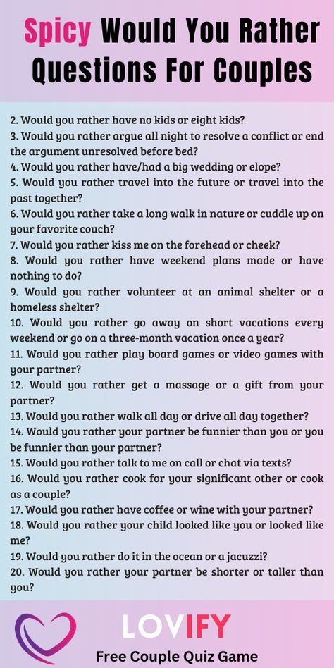 Add some spice to your game night with these Would You Rather questions for couples. Ideal for creating excitement and deepening your connection! #SpicyQuestions #WouldYouRather #CoupleFun #DateNight #RelationshipGoals #LoveLife #FunTimes #AdventurousConversations #Laughter #MemorableMoments Couples Would You Rather, Role Play Scripts For Couples, Would U Rather Questions For Boyfriend, Spicy Questions For Couples, Spicy Would You Rather Questions, Would You Rather Questions Juicy, Would You Rather Questions For Couples, Would U Rather Questions, Role Play Scripts