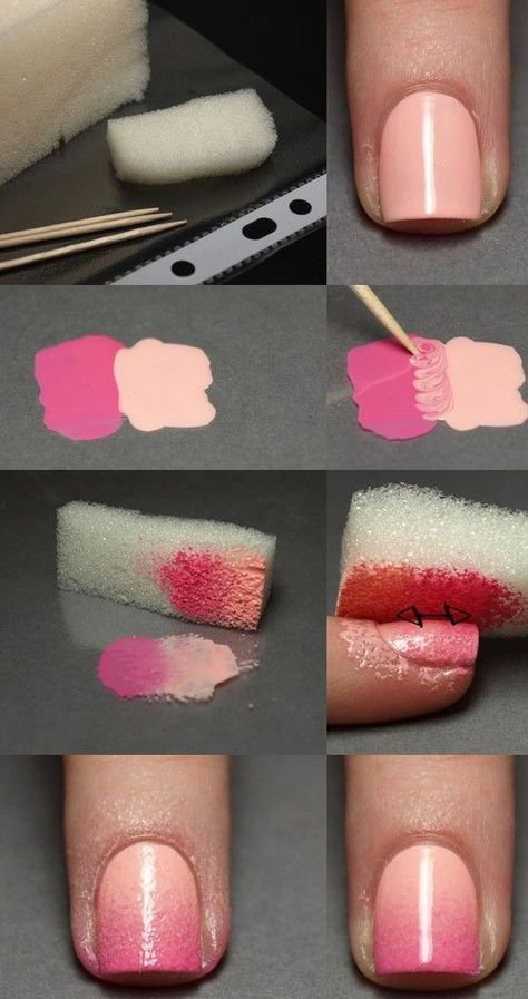 Create an ombre look with a sponge. | 19 Charts That Totally Explain How To Give Yourself A Manicure Unghie Sfumate, Unghie Nail Art, Nail Art Tutorial, Easy Nail Art, Creative Nails, Nail Tutorials, Cool Nail Art, Khloe Kardashian, Ombre Nails