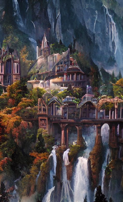 Elf City, Elven City, Basic Sketching, Star Wars Painting, Middle Earth Art, Dark Fantasy Artwork, Fairytale Cottage, Lotr Art, Abstract Wallpaper Design