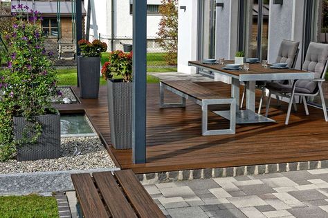 Garden Decking Ideas & Designs for Small Spaces | Trex Deck Expansion Ideas, Deck And Patio Combo, Under Deck Patio Ideas, Under Deck Patio, Small Garden Decking Ideas, Deck Patio Ideas, Small Backyard Decks, Patio Ideas On A Budget, Backyard Patio Ideas