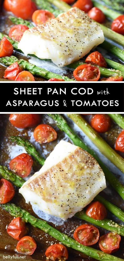 Sheet Pan Cod, Asparagus And Cherry Tomatoes, Southern Dinner, Baked Cod, Cod Recipes, Easy Seafood Recipes, Seafood Recipe, Sheet Pan Meals, Pan Dinners