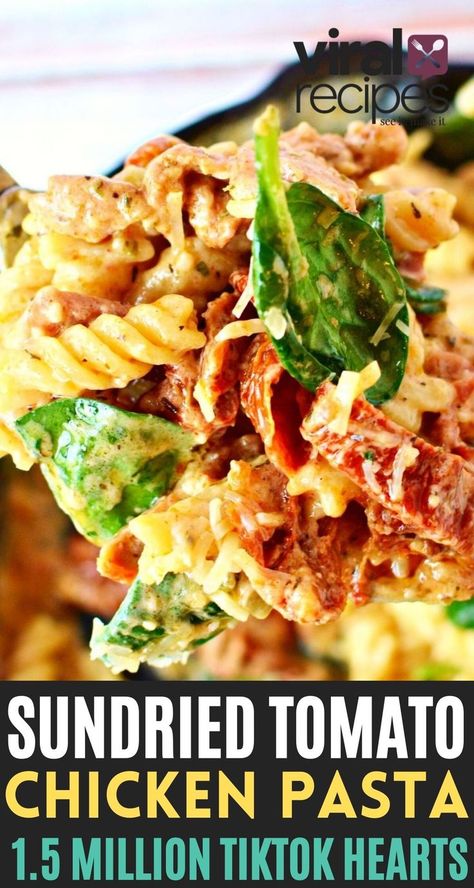 Creamy Sundried Tomato Chicken Pasta is a delicious and perfect dinner recipe made in a tomato-based garlic pasta cream sauce. Made from scratch, tender seasoned chicken paired with pasta and fresh spinach leaves makes a full meal in one pan. See why TikTok sent this to the moon with over 1.5 MILLION hearts and the step-by-step instructions on easily duplicating it in your kitchen tonight! #viral #chickenpasta #pasta #tiktok #chickenrecipe Sundried Tomato Chicken Pasta, Sundried Tomato Pasta Salad, Tomato Recipes Healthy, Tomato And Spinach Pasta, Tomato Chicken Pasta, Sundried Tomato Recipes, Salty Side Dish, Tomatoes Dinner, Garlic Chicken Pasta