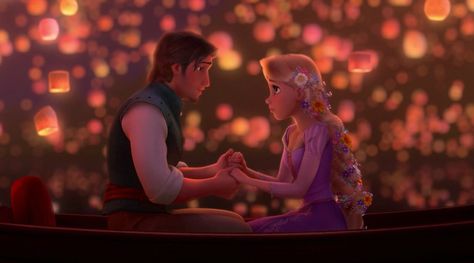 Rapunzel and Flynn Rider from Disney's Tangled Tangled Lanterns Scene, Disney Wallpaper Tangled, Rapunzel Y Flynn, Couple Disney, Disney Song, Tangled Lanterns, Cute Disney Pictures, Disney Gif, Disney Images