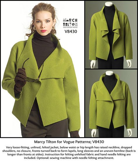 Shop Marcy Tilton for Vogue Patterns at http://voguepatterns.mccall.com/v8430-products-8005.php?page_id=4450 Boiled Wool Coat, Jacket Pattern Sewing, Vogue Pattern, Vogue Sewing Patterns, Boiled Wool, Stylish Jackets, Vogue Patterns, Jacket Design, Jacket Pattern