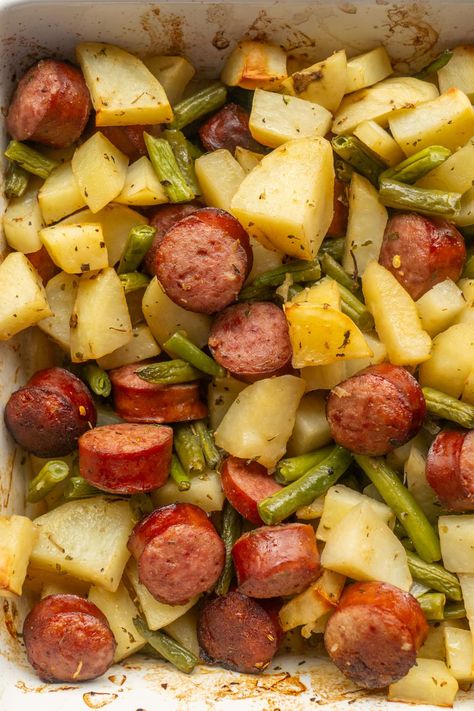 Kielbasa And Beans Recipes, Smoked Sausage Green Beans And Potatoes, Turkey Kielbasa Recipes Healthy, Sausage And Potatoes Casserole, Potato And Green Bean Casserole, Sausage Potatoes And Green Beans, Kalbasa Recipes, Smoked Sausage And Potato Bake, Turkey Kielbasa Recipes