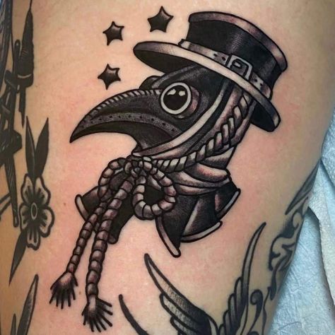 plague-doctor-mask-tattoo-neo-traditional-style-dead-drift-tattoo Halloween Tattoo Men, American Traditional Plague Doctor Tattoo, Dark Traditional Tattoo Flash, Plauge Doctor Traditional Tattoo, Female Plague Doctor Tattoo, Plague Dr Tattoo, Black Tattoo Cover Up Men, American Traditional Plague Doctor, Neo Traditional Patchwork