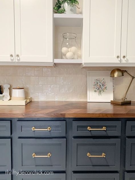 Square Handmade Tile Backsplash, Cabinets With Brass Hardware, Dark Blue Cabinets, How To Install Tile, Cream Backsplash, Easy Backsplash, Backsplash With White Cabinets, Cream Tile, Thrifty Decor Chick